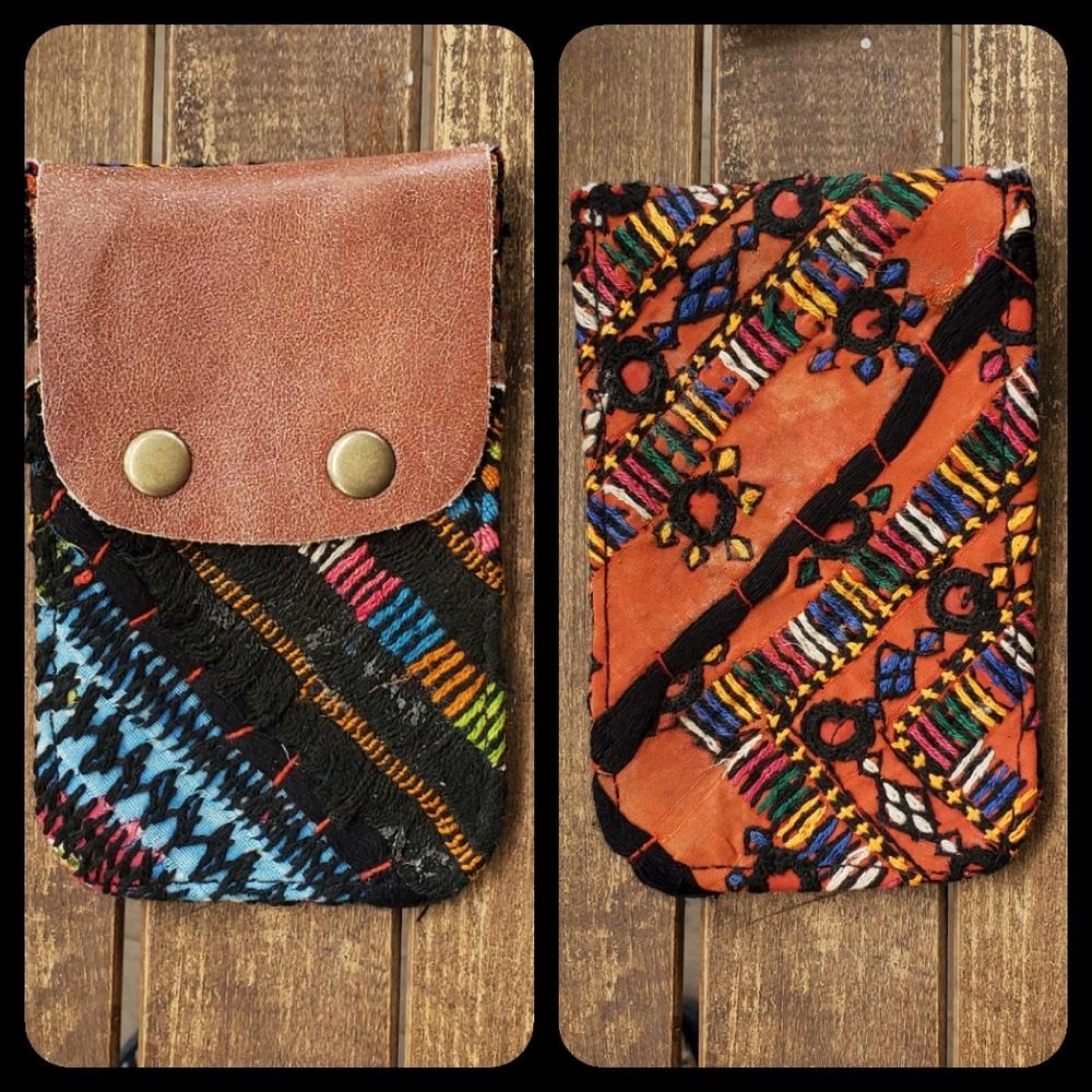 🧠🍳 Free People Boho Embroidered Repurposed vtg banjara hippie Wallet card case